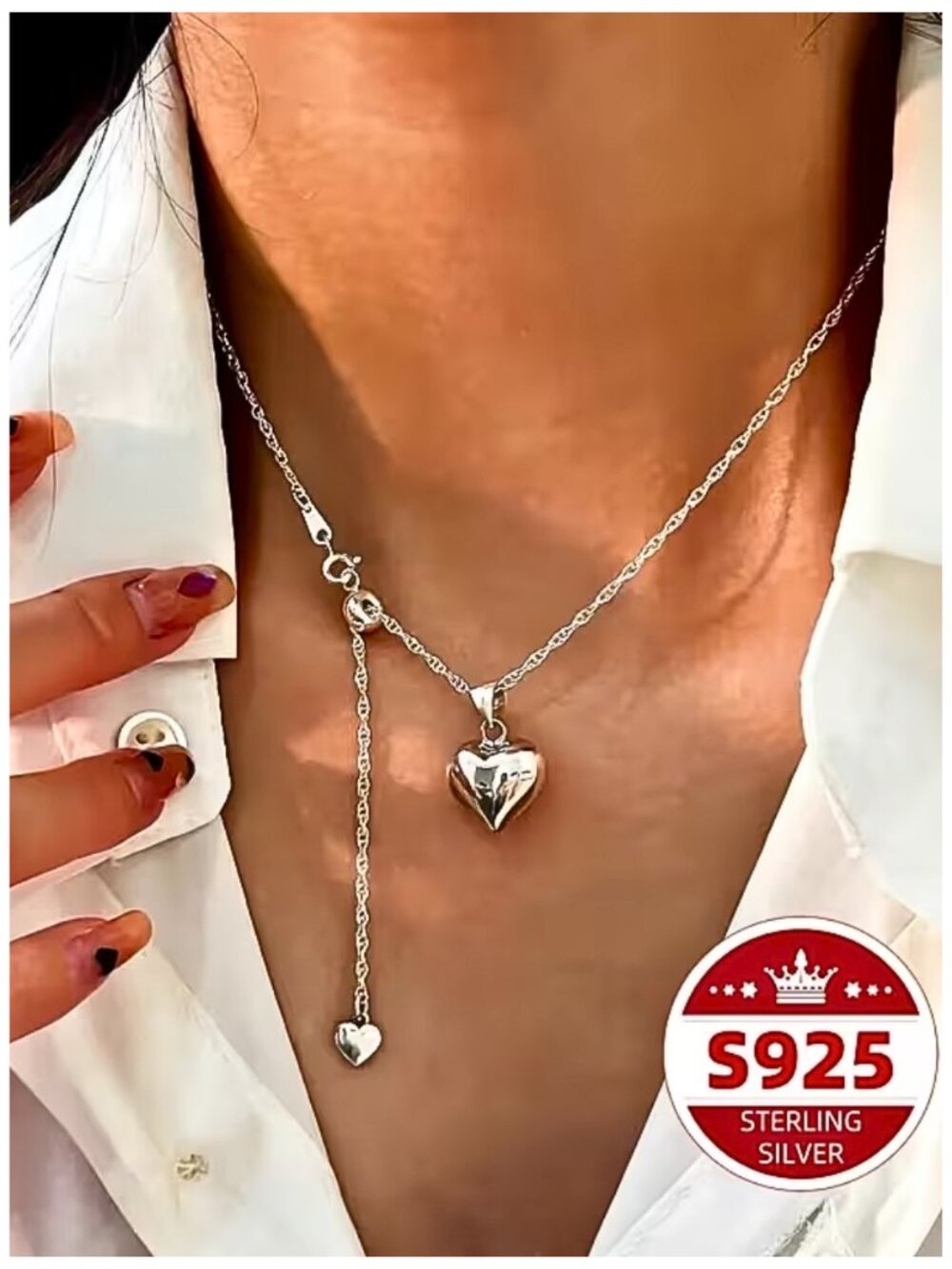 Puff Heart Pendent Twist Chain S925 Sterling Plate over Stainless Steel Necklace